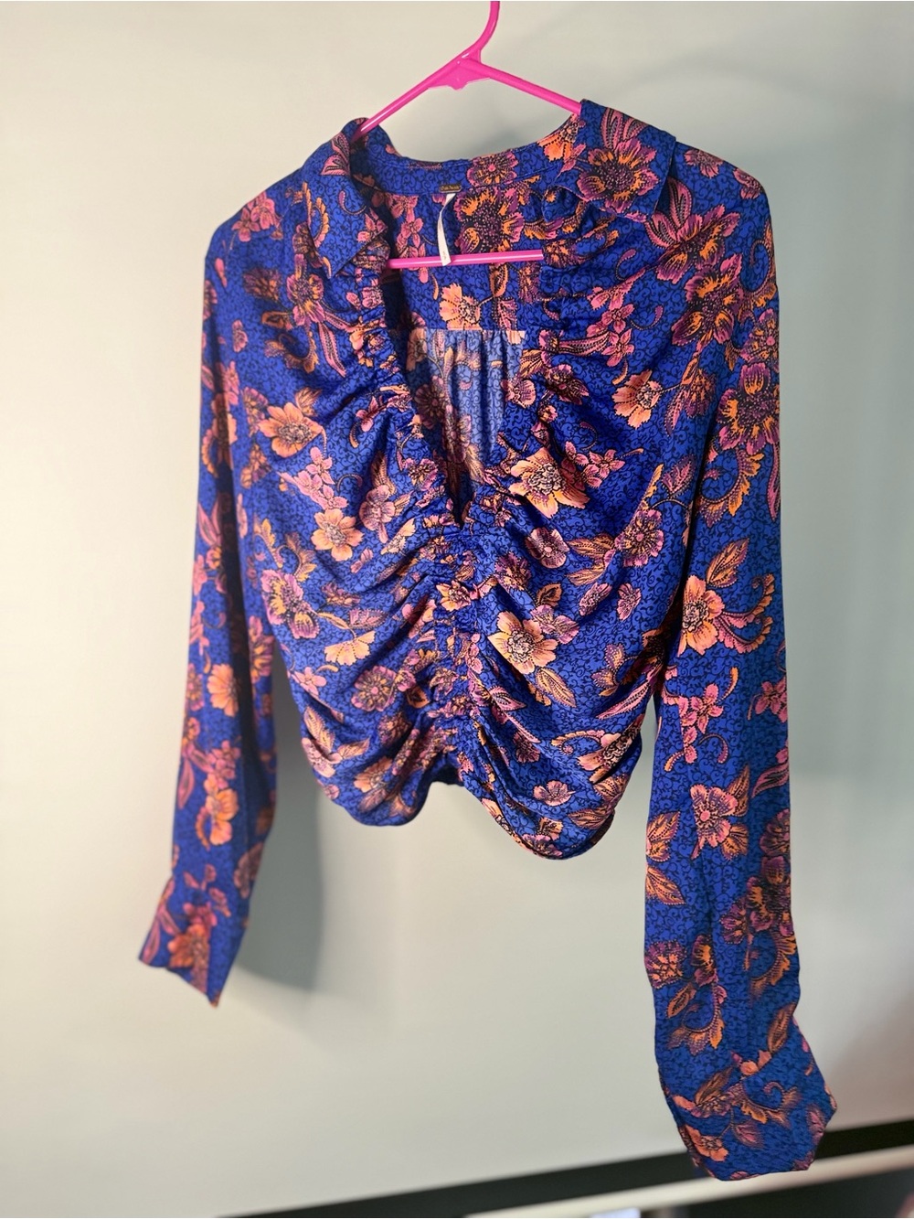 Free People Blue Long-Sleeve Floral Ruched Top